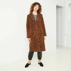 NWT A New Day Women's Size XS Animal Leopard Print Jacquard Brown Pea Coat